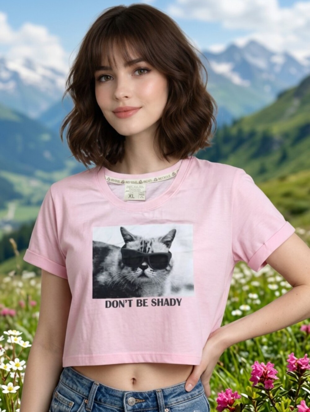 🔹️Recycled Threads Pink Don't Be Shady Cool Cat Cropped Top XLarge